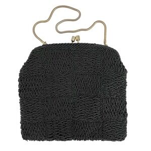 Vintage‎ Micro Beaded Purse Clutch Black  Gold Chain Made in British Hong Kong